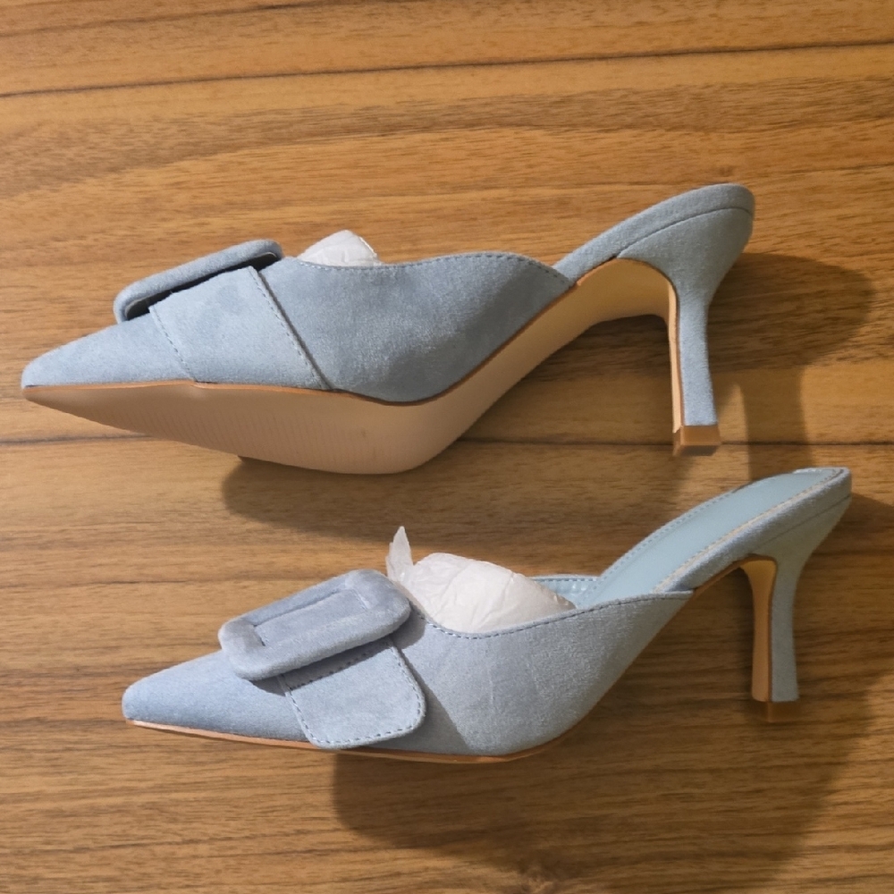 VETASTE Women's Heeled Mules Pointed Toe Suede Buckle - Size 5.5 - Picture 2 of 2